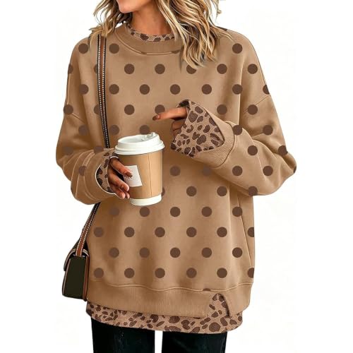 Polka Dot Sweatshirt for Women Casual Dressy Leopard Print Sweaters Khaki L | Layering Tops, Leopard Print, Patchwork, Long Sleeve, Pullover Sweaters, Cozy, Vacation, Layering, Fall Winter Outfits - image 2