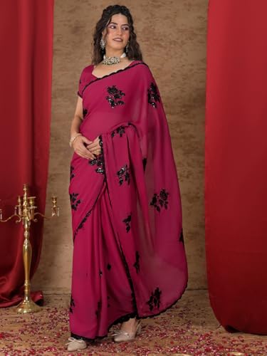 Image of Satrani Women's Shimmer Georgette Sequins Embroidery Saree with Unstitched Blouse Piece