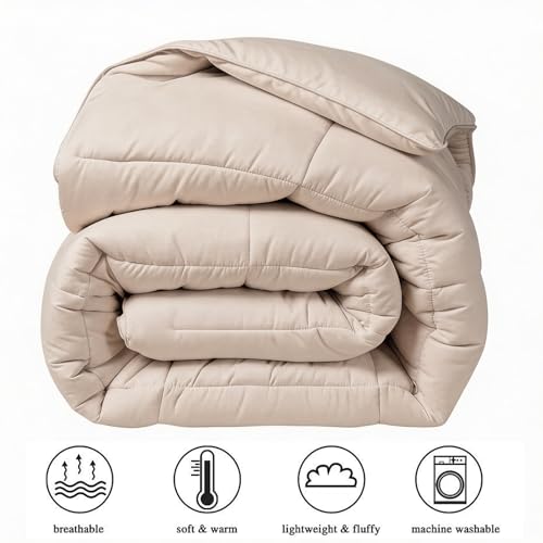 Image of COHOME Quilted Queen Size Comforter - All-Season Down Alternative Duvet Insert - Luxury Hotel Winter Warm Beige Comforter with Anti-Clump Tech & 8 Tabs- Reversible 88 inchx88 inch