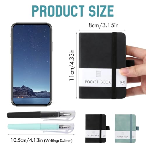 2 Stück Notizbuch Klein, Hardcover Notizblock A7 mit 2 Stift, Mini Notizbuch mit 200 Seiten, Mini Notizblock mit Elastischem Band und Stifthalter für Schule Arbeit Reisen (Hellblau, Schwarz)