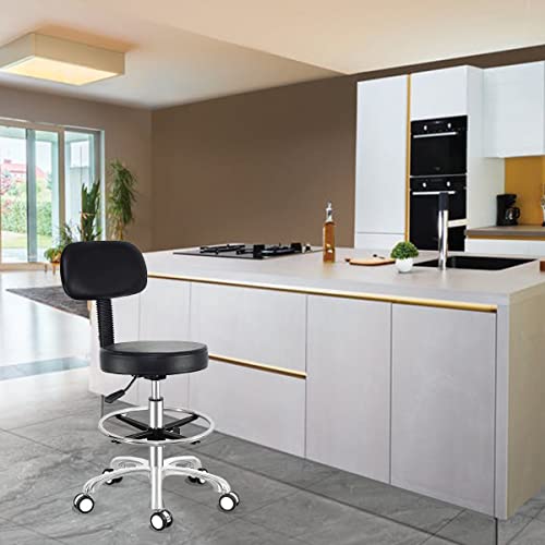 Image of Antlu Rolling Adjustable Stool Drafting Chair for Office Shop Kitchen Medical Salon,Swivel Stool with Wheels and Back (Black, with Foot Ring)