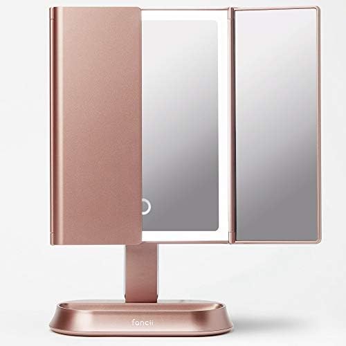 Fancii Large Makeup Mirror with Natural LED Lights, Lighted Trifold Vanity Mirror with 5x & 7x Magnifications - Dimmable Lights, Touch Screen, Cosmetic Stand - Sora (Rose Gold)