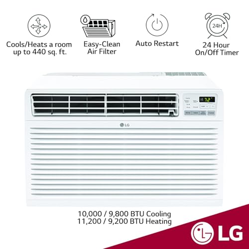 Image of LG 9,800 BTU Through-the-Wall Air Conditioner, Cools 450 Sq.Ft. (18' x 25' Room Size), Electronic Control with Remote, 2 Cooling & Fan Speeds, 4-Way Air Deflection, Supplemental Heat, 230 /208V