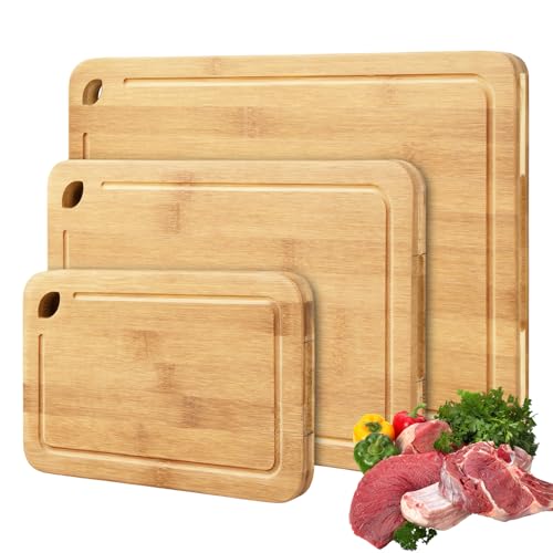 Tabla de Cortar Cocina Madera Bambú Juego de 3 Tablas de Cortar Versátil y Robusta Cutting Board Tabla de Corte Bambu Grande y Pequeña Tabla de Madera Cocina Para Verduras,Carne Y Pan (Natural)