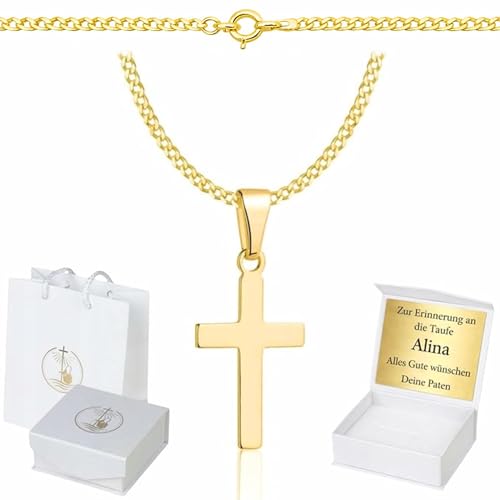 ZELYA Cadena de oro con cruz chapada en oro 925/585 de 14 quilates, cadena de eslabones para niñas y niños, cadena de comunión con cruz, cadena infantil para comunión y bautizo, caja de regalo con