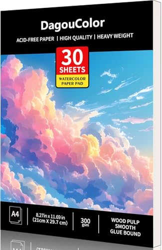DagouColor Aquarell Papier Pad, A4, 1 Pack, 30 Blätter Säurefreie Kunst Zeichnungspapier, 300gsm für Künstler, Erwachsene, Kinder, Jungen, Mädchen