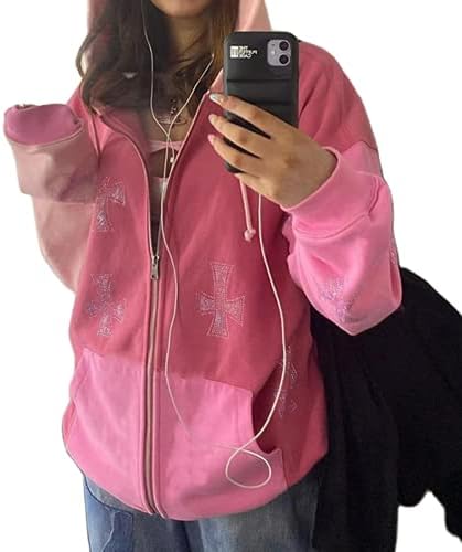 Creaion Rhinestone Graphic Zip Up Hoodies for Women Oversized Y2k Sweatshirt Jacket E-Girl 90s Pullover Streetwear