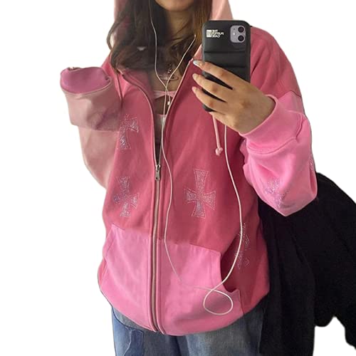 Creaion Rhinestone Graphic Zip Up Hoodies For Women Oversized Y2K Sweatshirt Jacket E-Girl 90S Pullover Streetwear #TOP2
