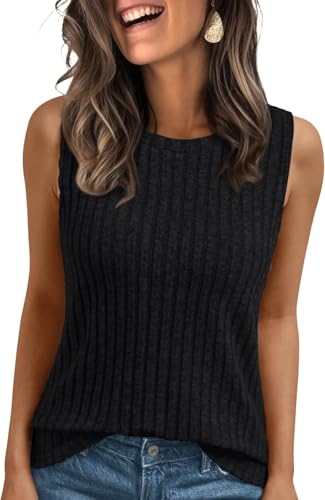 TrendiMax Women's Sleeveless Crew Neck Tank Tops Summer Loose Fitted Ribbed Knit Basic Vest Shirts Black