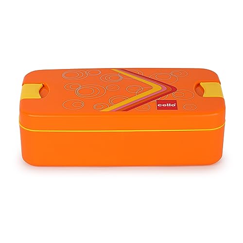 CELLO Food Mate Snap Lock Plastic Lunch Box, 713ml, Orange | 2 Compartment with 2 Side Lock for School Kids and Adults | Leak-Proof Snacks Tiffin Box for School Kids, Office, Picnic & Travelling