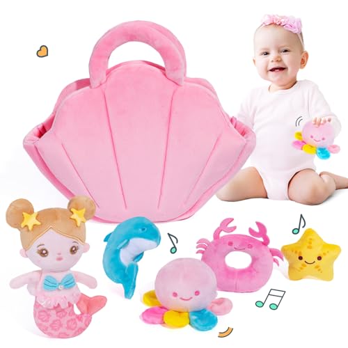 Idée cadeau premier âge avec la peluche sirène sensorielle de 24 cm