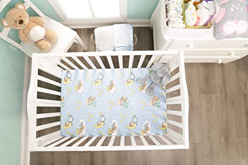 Image of 2 Pack n Play Mattress Sheets - 100% Jersey Knit Cotton Soft Portable Crib Mattress Sheet for Boys with Blue and Yellow Precious Moments Design; 2 Pk Playpen Mattress or Mini Crib Fitted Sheet Set