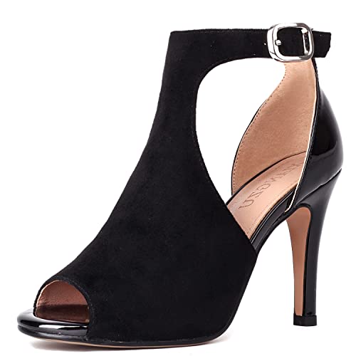 Women's Peep Toe High Heels 4 Inch Stiletto Suede Summer Open Toe Booties Sandals Dress Party Side Cutout Shoes