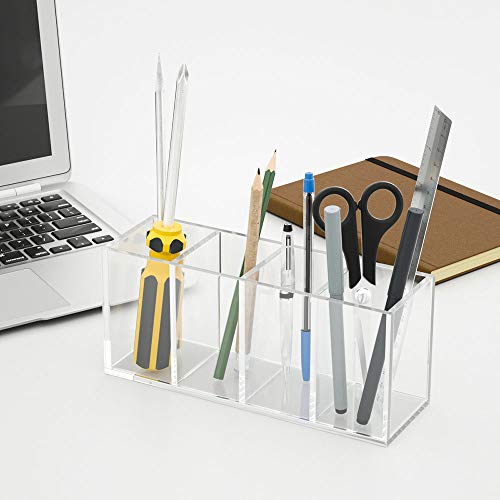Niubee Acrylic Pen Holder 4 Compartments, Clear Pencil Organizer Cup For Countertop Desk Accessory Storage #TOP5