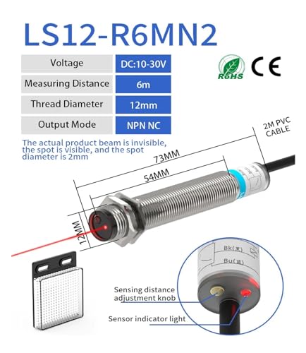 Sensor fotoeléctrico M12 retrorreflectante 10-30V con láser visible ajustable de 6 metros 3