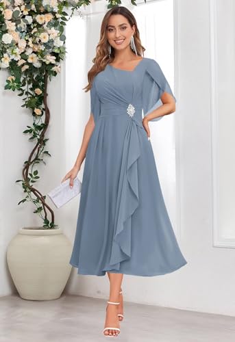 Tea Length Mother of The Bride Dresses for Wedding Beaded Chiffon Flutter Sleeve Formal Dress2
