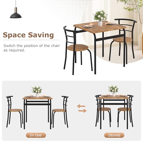 Image of VECELO 3-Piece Dining Table Set for Kitchen Breakfast Nook, Wood Grain Square Tabletop and Metal Frame, for Small Spaces, Vintage Brown