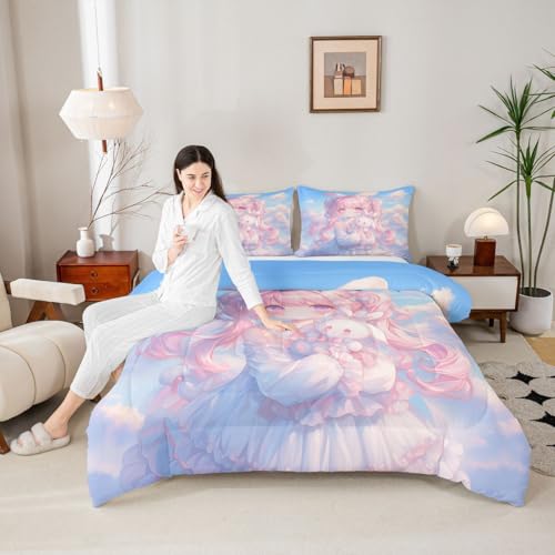 Image of Erosebridal Kawaii Girl Bedding King,3D Anime Gifts Comforter Set Japanese Girl with Curly Hair Bed Sets Romance Style Duvet Insert 3 Pieces