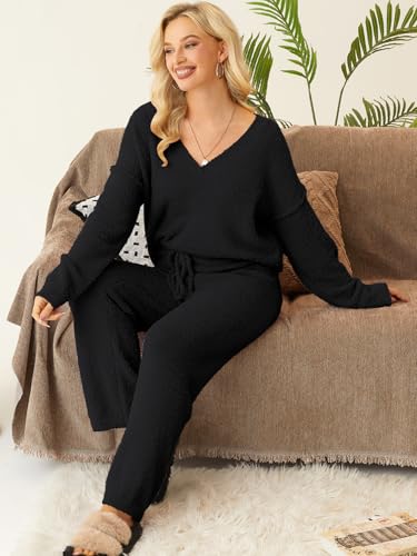 NORACORA Womens 2 Piece Fuzzy Fleece Pajamas Lounge Sets Long Sleeve V Neck Fluffy Pjs Matching Loungewear Black — view 3