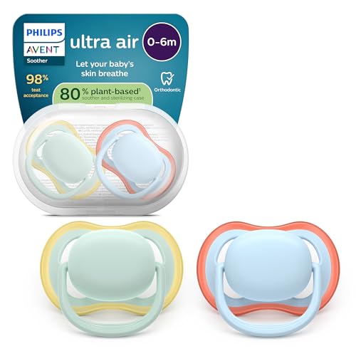 Philips Avent Ultra Start Ciuccio - Design ortodontico, per neonati 0-6 mesi, tettarella simmetrica in morbido silicone, senza BPA, con custodia per la sterilizzazione, confezione da 2, SCF087/01