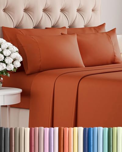 Image of Cal King 6 Piece Bed Sheet Set - Breathable & Cooling Sheets - Terracotta | Ultra-Soft Hotel Luxury Bedding Set with 8-16 Inch Deep Pockets, 1 Flat & 1 Fitted Sheet & 4 Pillowcases, Wrinkle & Fade Free