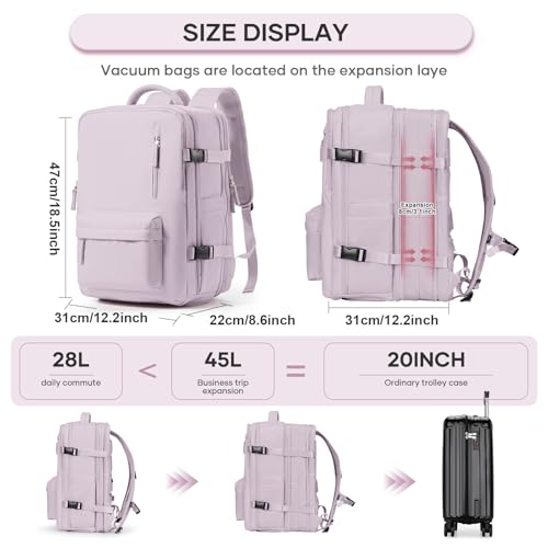 Vacuum Backpack Travel with Pump, 45L Expandable Travel Backpack for Women, Large Storage Vacuum Compression Bags with Shoe Compartment/17inch Laptop Compartment/USB Port, Cream-Pink4