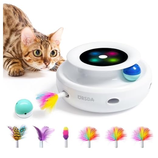 ORSDA Cat Toys 2in1 Interactive Cat Toys for Indoor Cats, Timer Auto On/Off, Cat Toy Balls & Ambush Feather Electronic Cat Toy, Cat Entertainment with 6pcs Feathers, Dual Power Supplies Cat mice Toy