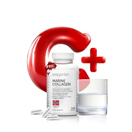 Cápsulas de colágeno marino noruego con vitamina C [120 cápsulas/30 porciones] de alta dosis, 2 kDa, tipo 1, 20 aminoácidos, bacalao salvaje, uplemento para piel, articulaciones y cabello