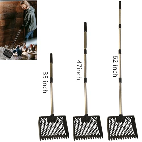 Image of 2 in1 Chicken Poop Scooper & Rake 10 Inch Chicken Scooper with Ergonomic Grip Adjustable Long Handle (22 to 62 inch) Sifting Shovel Stainless Steel Metal Poop Scooper