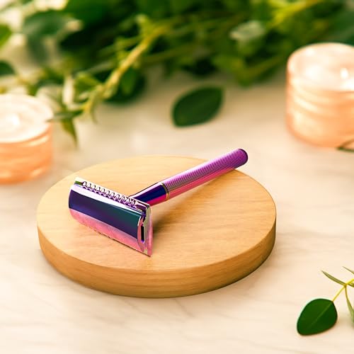 Jungle Culture® Metal Safety Razor with Stand for Women in Rainbow • Reusable Razor & Travel Bag • Fits Double Edge Razor Blades • Single Blade Eco Friendly Ladies Razor for Body & Face • Zero Waste