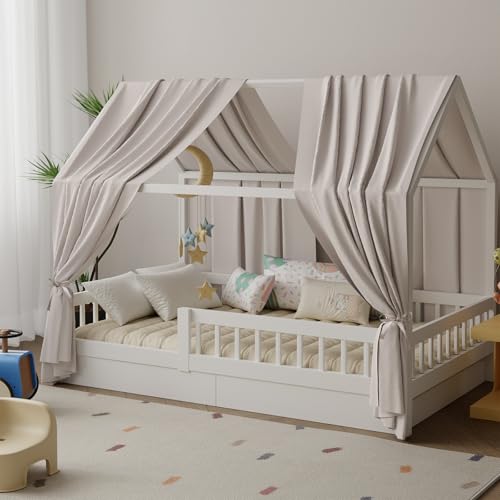 Pacok Hausbett Himmel in 5 Farben 2er Set Betthimmel Hausbett aus weichem Baumwollstoff Stoffhimmel für Hausbett Deko Hausbett Vorhang Mädchen Jungen Himmel für Hausbett 70x270 cm (Creme)