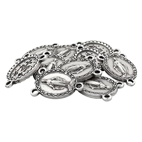 VILLAGE GIFT IMPORTERS Ten Pack of Miraculous Medal Rosary Centers,Silver-Tone Pendants with Three Loops,DIY Catholic Craft Supplies,Make Your Own Rosaries and Chaplets, Metal, No Gemstone Cover