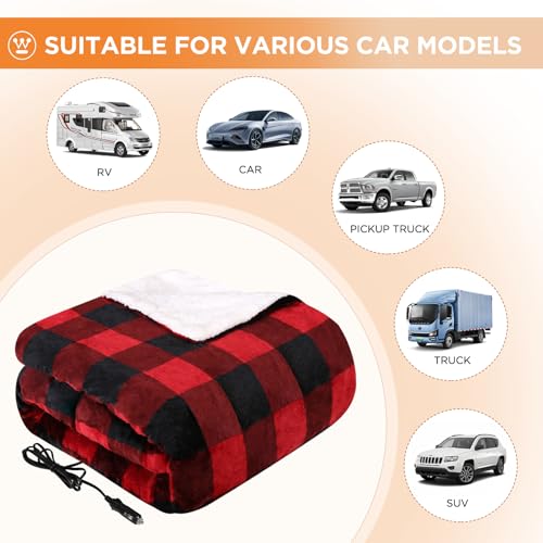 Image of Westinghouse Heated Car Blanket, 12-Volt Electric Blanket for Car, Truck, SUV, RV, Portable Heated Throw for Camping, Red Buffalo Plaid, 59 inch x 43 inch
