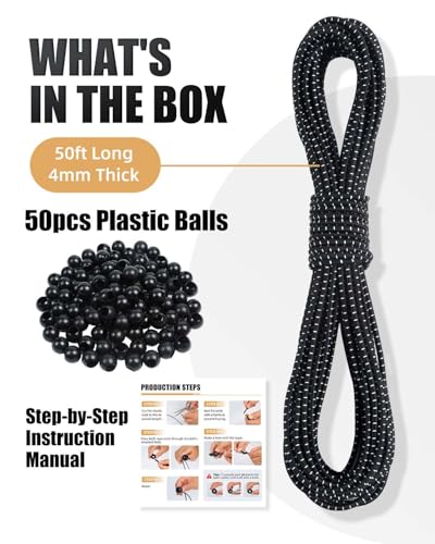 DIY Ball Bungee Cord Kit – Customizable Length of Bungee Cords with Balls for Tarps, Tent, Cargo and Outdoor Use (50ft Cord + 50pcs Balls)