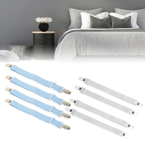 Qowuxhz 8 Piezas Sujeta Sabanas Bajeras Sujetadores Para Sábanas Ajustables Elásticos Correas Cama Clips Para Sábana Bajera Fundas De Colchón Sofá Tablas De Planchar Blanco Y Azul