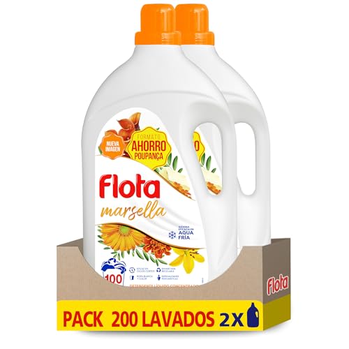 FLOTA | Detergente Líquido Quitamanchas incluso en Agua Fría para Lavadora | Ropa Blanca y de Color | Fragancia Marsella | 2x100 Lavados | Formato Familiar