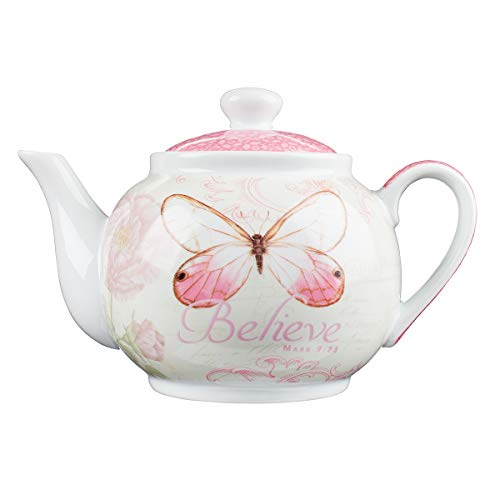 Christian Art Gifts Ceramic Teapot | Botanic Butterfly Blessings “Believe” – Mark 9:23 | Pink Butterfly and Flower Tea For One Teapot