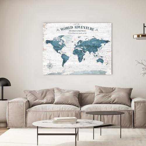 Image of IPIC - Antique Blue World Travel Map, Pin Board Canvas Wall Art, Travel Map with Pins Included, Ready to Hang for Home or Office, 40x30 Inch