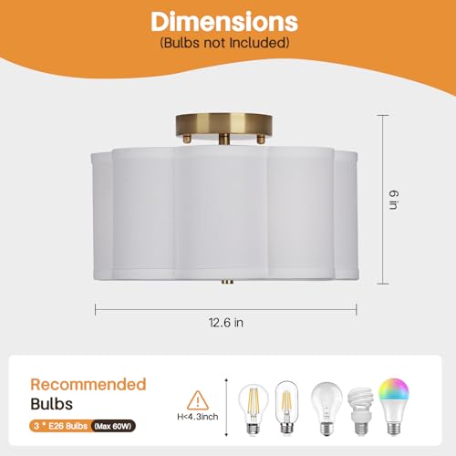 Vexagyle Modern Flush Mount Ceiling Light,3-Light Nursery Light Fixture with Petal-Type White Fabric Shade,12.6 Farmhouse Drum Ceiling Light Fixture for Bedroom Living Room Kitchen Hallway by Vexagyle - Used condition - Image 2