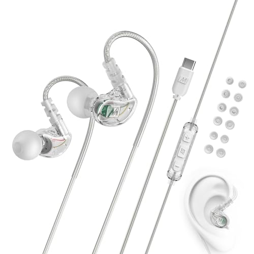 Image of MEE audio M6 Sport USB-C Wired Earbuds with Memory Wire Earhooks, Headset with Mic & 3-Button Remote for iPhone 17 Pro Max, iPad, USB Type C Devices; in Ear Headphones for Running /Gym /Workouts (Clear)