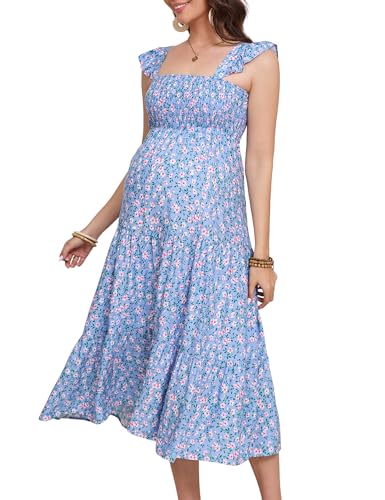 Image of KOJOOIN Womens Maternity Dress Summer Sleeveless Smocked Square Neck Ruffle Casual Boho Midi Dress Baby Shower Photoshoot