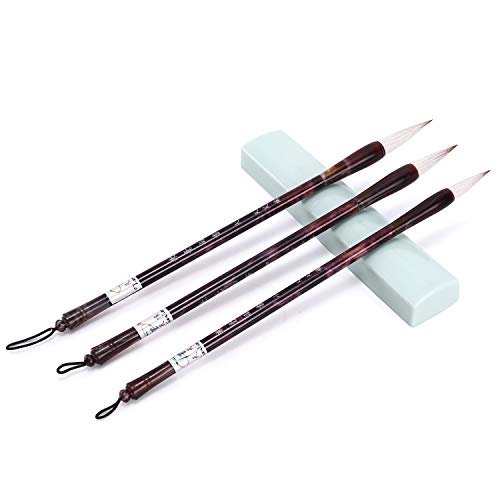 MEGREZ Chinese Calligraphy Brush Set - Kanji Japanese Art Sumi Writing Painting Drawing Practicing Set for Students and Beginners, Wolf Sheep Mix Brush, Set of 3 (S,M,L)