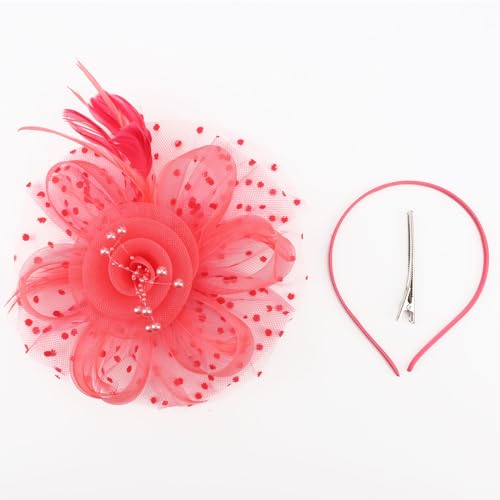 Image of DRESHOW Fascinators Hat Flower Mesh Ribbons Feathers on a Headband and a Clip Tea Party Headwear for Girls and Women