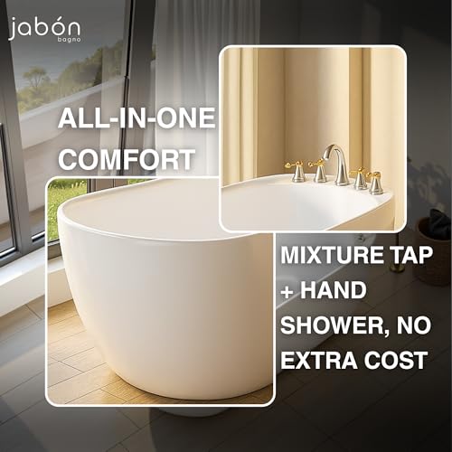 Image of MOON Freestanding Bathtub 150 cm - White Glossy Acrylic Soaking Tub with Hand Shower & Water Mixer, Overflow Drain, Brass Pop-Up Waste Coupling & Pipe, 6-Layer Reinforced