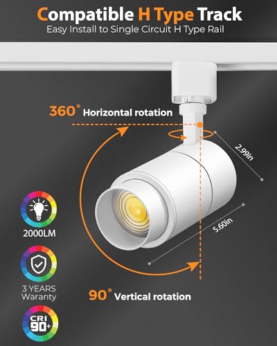 Image of VANoopee 3-Color Zoomable 20W LED Track Lighting Heads H Type Track Light Heads Dimmable Bright Ceiling Spotlight Fixtures for Kitchen, 3000K 4000K 5000K Adjustable, CRI90+ 15-60 2000lm White 6 Pack