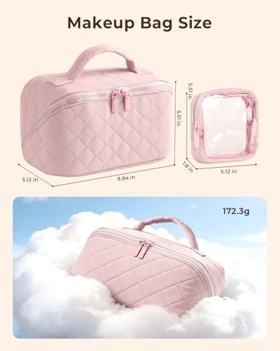 Image of Batfield Makeup Pouch Bag for Women, 2Pcs Waterproof Puffer Set with 180 Flat Open, Travel Large Capacity Makeup Bag for Women with Brush Compartment & Handle for Vacation, Business Trip (Pink)