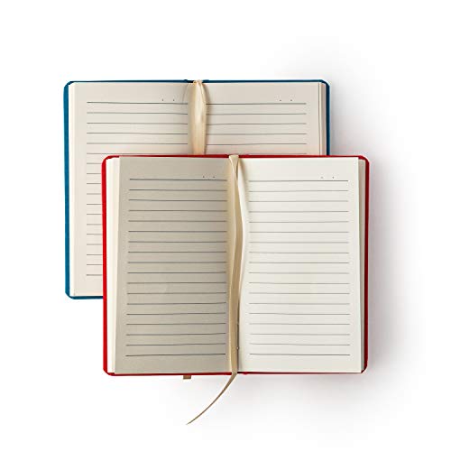 Image of Kitabby - Linen Series - A6 Size - Hard Bound Pocket Notebook with Elastic Band - 192 Pages - 80gsm Natural Shade Paper - Linen Fabric Cover Material - Pack of 2 - (Aqua Blue + Red)