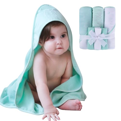Image of Viviland Baby Towels and Baby Wash Cloths Set Hooded Baby Towels Baby Wipes Absorbent Bath Face Towels Burp Cloths or Face Towels for Girl Boy 6-Pack Size 28 x 28 Inch(Green Bear)