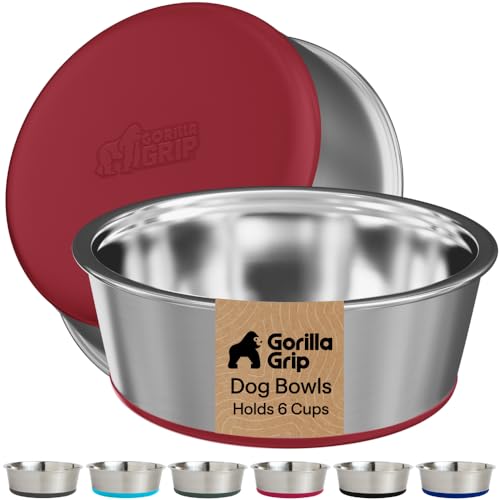 Image of GORILLA GRIP Dog Bowls, Food Grade 304 Stainless Steel, Holds 6 Cups Each (48 fl oz) Food and Water Bowl for Feeding Dogs and Cats, Dishwasher Safe, Rust Resistant, BPA Free Rubber Base Set of 2 Red