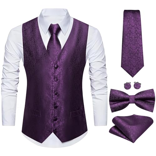 Image of Barry.Wang Men's Suit Vest Tie Bowtie Set Formal Silk Paisley Waistcoat Hanky Cufflinks Lapel Pin Set Wedding Party 7PCS
